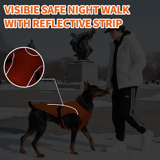 DENTRUN Medium Dog Winter Jacket - Warm Reflective Windproof Coat, Adjustable Neck & Snap Closure, Water Repellent Thick Fleece Vest, Fleece Lined for Beagle Pug, Orange, M