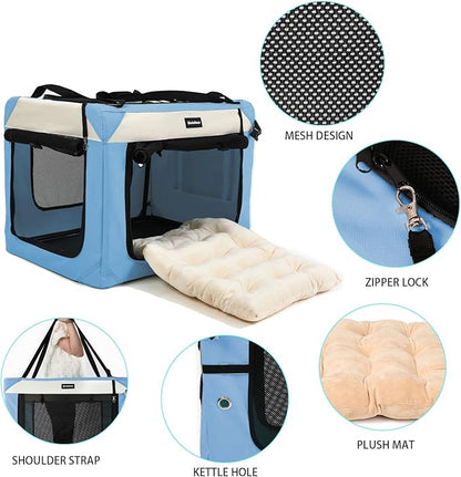 Large Cat Carrier Collapsible Travel Dog Crate Portable Soft-Sided Pet Kennel with Super Soft Warm Plush Pillow for Indoor and Outdoor 24x16x16in,Sky Blue