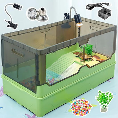 Turtle Habitat Tank Kit– Fresh Filtration, Waterplay Fun, Diverse Living, Heat Lamp, Water Pump and Convenient Water Changes in Tanks Habitat Kits Turtle cage (Green, Large)