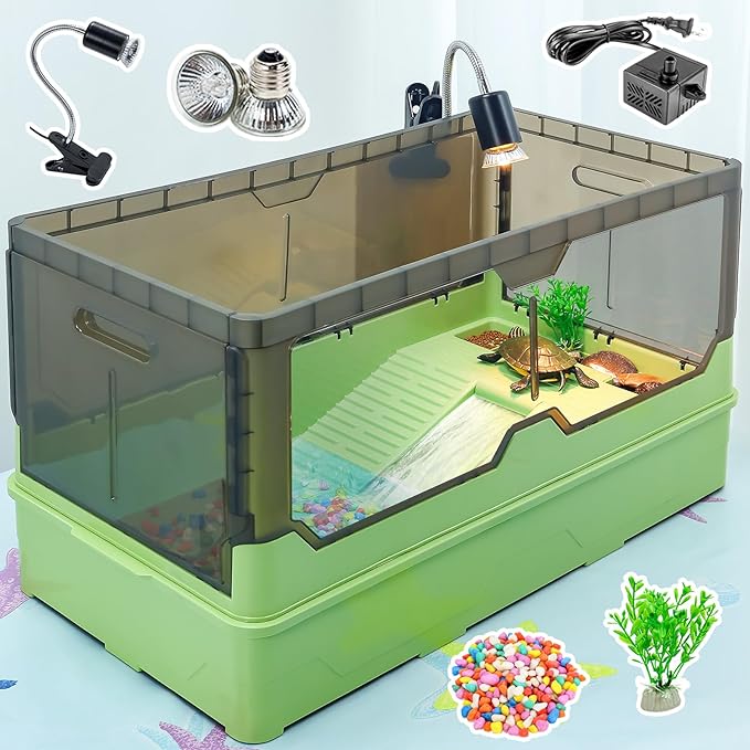 Turtle Habitat Tank Kit– Fresh Filtration, Waterplay Fun, Diverse Living, Heat Lamp, Water Pump and Convenient Water Changes in Turtle cage (Green, XL)