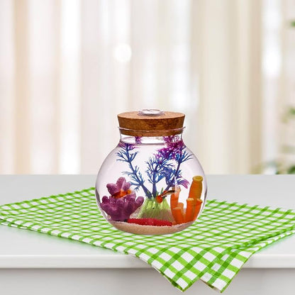 Fish Bowl with LED Light - Small Betta Fish Tank with LED Lighting and Lid Glass Fish Bowl Small Aquarium Glass Terrarium Container Bottle for DIY Landscape, Home Decor