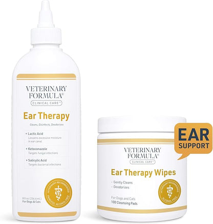 Veterinary Formula Clinical Care Ear Therapy Bundle with Cleaner Solution 8 Fl Oz + Cleaner Wipes 100 ct – Cat & Dog Ear Cleaner, Helps Soothe Itchiness and Clean The Ear Canal of Debris and Buildup