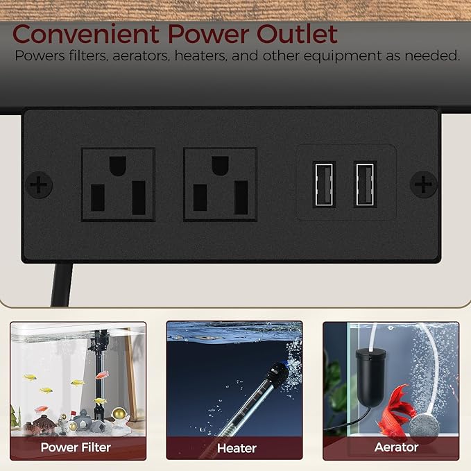 55-75 Gallon Fish Tank Stand with Power Outlet, 3-Tier Metal Frame Aquarium Stand, Heavy Duty Reptile Terrarium Tank Stand, 52.0"L x 19.7"W x 29.9"H, 800 LBS Capacity, Rustic Brown FTHR55E01