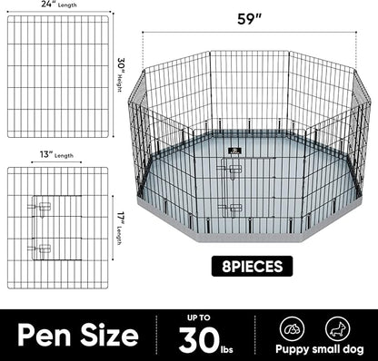 PJYuCien Dog Playpen, 8 Panels 30’’H Dog Pens Indoor with Bottom Pad, Metal Foldable Pet Puppy Exercise Fence Crate Kennel, Better for Small Animals,Grey