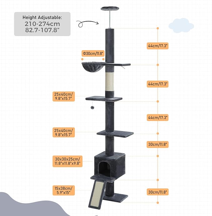 PEQULTI Cat Tree Floor to Ceiling, Tall Cat Tower, Adjustable Height (83''-108'') 5 Tiers Climbing Tree for Indoor Cats with Cat Condo, Scratching Post and Ladder, Dark Grey