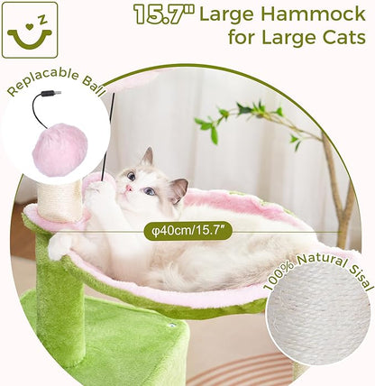 Flower Cat Tree 34 Scratching Post Small Cat Tower for Large Cats, with 15.7”Large Hammock, Removable Top Bed and Wide Condo for Indoor Cats-Pink and Green