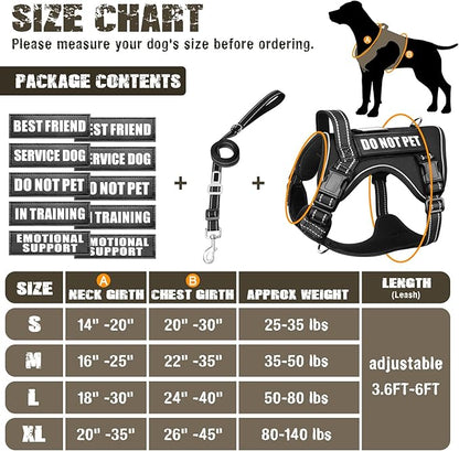 Tactical Dog Harness and Leash Set for Large Dogs,Heavy Duty No Pull Service Dog Vest and 10 Patches with Dog Seat Belt,Reflective Adjustable Pet Harness for Training Walking Hiking Black L