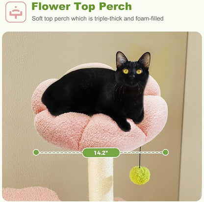 62" Flower Cat Tree for Indoor Cats, Multi-Level Cat Tower with 2 Spacious Condos, Dual Top Perches, Scratching Pad, 4 Scratching Posts, 2 Pompoms, Pink