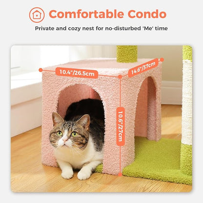 Pink Cat Tree for Indoor Cats with Metal Frame Carpet Hammock, 32" Cute Cat Tower with Cozy Condo, Top Perch, Scratching Posts, and Replaceable Ball Toy, Pet Furniture for Small Cats & Kittens