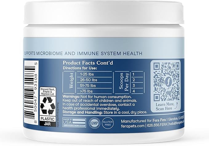 Fera Pets Postbiotics Plus Prebiotics for Dogs & Cats - with Slippery Elm - Promotes Optimal Digestive Health & Inflammatory Response - Enhances Immunity - 120 Scoops