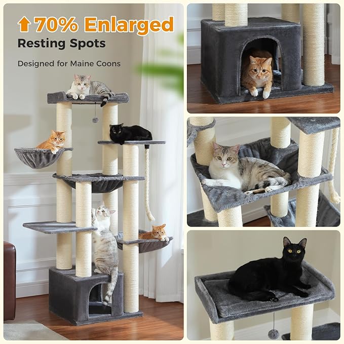 67" Heavy Duty Cat Tree for Indoor Cats Large Adult, XXL Cat Tower with 13 Thick Scratching Posts (φ4.3), Large Perch, Spacious Condo & Big Hammock - for Maine Coon up to 20 lbs, Grey