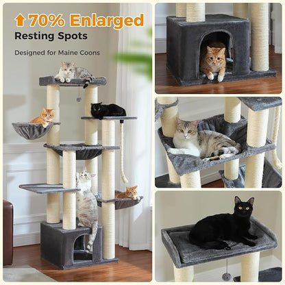 67" Heavy Duty Cat Tree for Indoor Cats Large Adult, XXL Cat Tower with 13 Thick Scratching Posts (φ4.3), Large Perch, Spacious Condo & Big Hammock - for Maine Coon up to 20 lbs, Grey