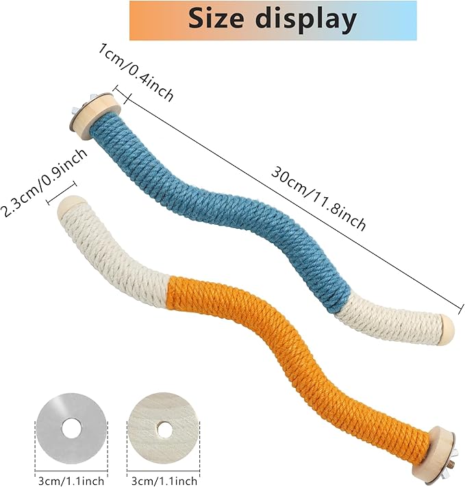 11 x 0.9 inch Bird Perch Parrot Stand Cage Accessories Natural Wooden Stick Paw Grinding Rope-surfaced Chew Toy Standing Rod for Exercise Training Branches (Curved-Orange+Blue)