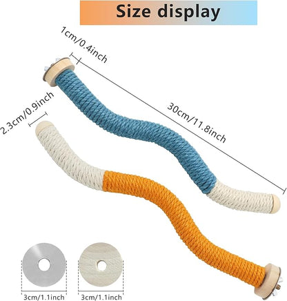 11 x 0.9 inch Bird Perch Parrot Stand Cage Accessories Natural Wooden Stick Paw Grinding Rope-surfaced Chew Toy Standing Rod for Exercise Training Branches (Curved-Orange+Blue)