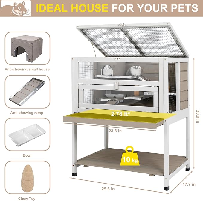 Large Hamster Cages, Easy Clean Hamster Cages and Habitat with Food Bowl, Shelf and Ladder, Wooden Indoor Small Animal Cage with Not Leakage Pull Out Tray (25.6" L X 17.7" W X 30.9”H)