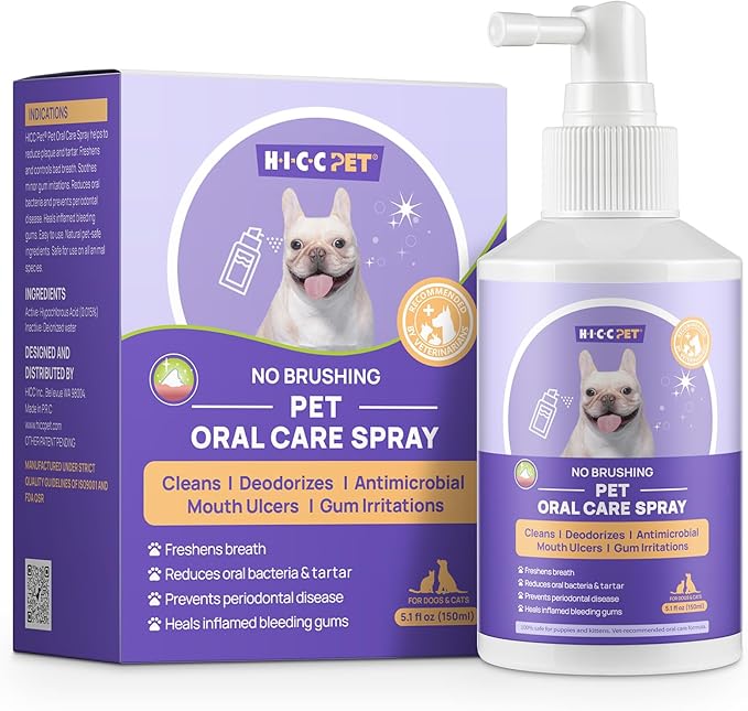 HICC PET Dog Dental Care Spray, Breath Freshener & Teeth Cleaning Spray, Dog Gingivitis Treatment, Prevent Bad Breath & Infections, Relieve Gum Redness, Reduce Plaque & Tartar, No Brushing, 5.1 Fl Oz