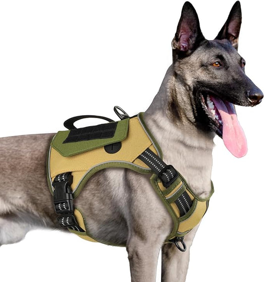 WINGOIN Tactical Dog Harness for Medium Dogs, No Pull Harness with Handle 2 Pockets Poop Bag, Reflective Dog Vest, Military Service Heavy Duty Big Dog Harness for Walking Hiking Training (Khaki, M)