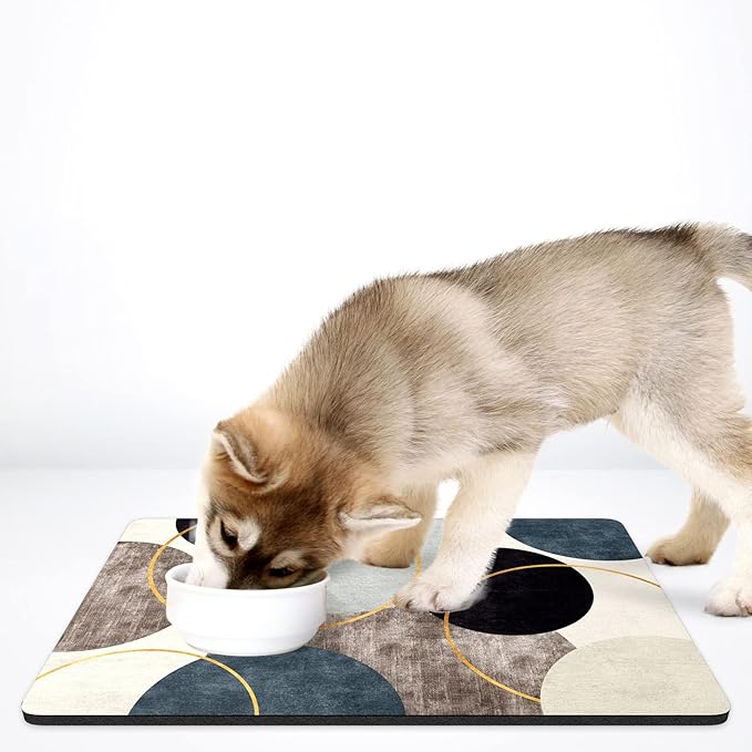 Rnivvi Dog Food Mat, 16" x 24" Boho Absorbent Dog Cat Bowl Mat for Food and Water, Cute Anti-Slip Rubber Pet Feeding Rug Protect Floors, Puppy Placemat for Feeding & Watering Supplies, Abstract Circle