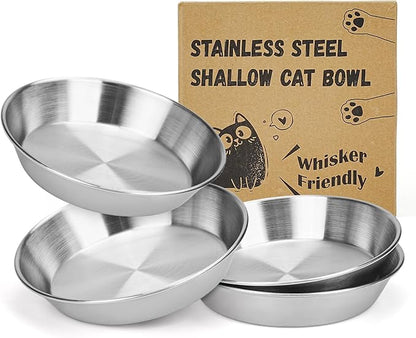 4-Pack Stainless Steel Cat Food Bowls – Deep Whisker-Friendly Non-Slip Silicone Base,Easy to Clean Indoor Feeding Dishes(5.9")