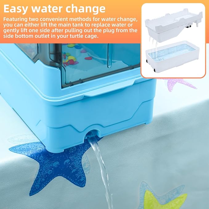 Turtle Habitat Tank Kit– Fresh Filtration, Waterplay Fun, Diverse Living, Heat Lamp, Water Pump and Convenient Water Changes in Tanks Habitat Kits Turtle cage (Blue, Medium)