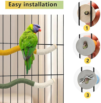 11 x 0.9 inch Bird Perch Parrot Stand Cage Accessories Natural Wooden Stick Paw Grinding Rope-surfaced Chew Toy Standing Rod for Exercise Training Branches (Curved-Yellow+Green)