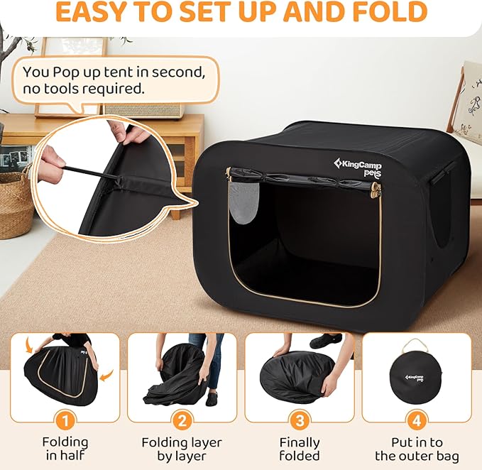 KingCamp XXL Dog Crate, Large Collapsible Pop Up Dog Kennel Tent with Durable 600D Oxford Fabric & Breathable Mesh for Indoor Outdoor Travel, Black, 55" x 39" x 39"