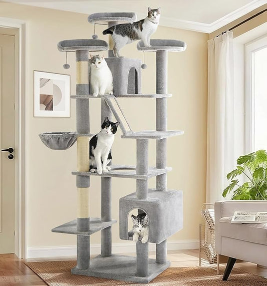 Made4Pets Tall Cat Tree, 80" Cat Tree Tower for Indoor Cats Large Adult, Modern Cat Tower with Scratching Post, Cozy Hammock, 3 Perches and 2 Condos, Sturdy and Fluffy, Light Gray