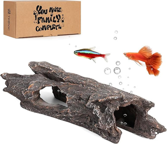 TRUVIC Fish Tank Decorations - Aquarium Cave Decor, Resin Hollow Tree Trunk Reptile Hide & Betta Log Hideout for 20 Gallon Tank, Fish Accessories Shelter Cave