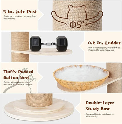 Tinnmao Solid Wood Floor to Ceiling Cat Tree, 7 Level Adjustable Height (8.8-10.2 ft) Tall, Modern Climbing Tower for Indoor Cats Large Adult with Thickened Wooden Sisal Scratching Posts & Cozy Bed