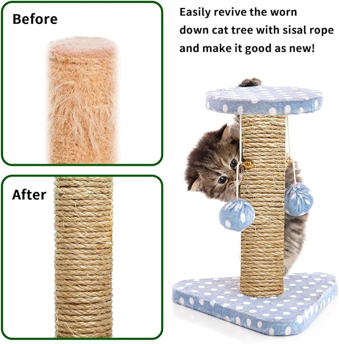 Cat Natural Sisal Rope 1/4 Inch 6mm 164-Feet for Cat Scratching Post Tree Tower Replacement Repair and Replace, DIY Hemp Twine Rope for Cat Scratching Furniture Window Perch and Crafts Gardening