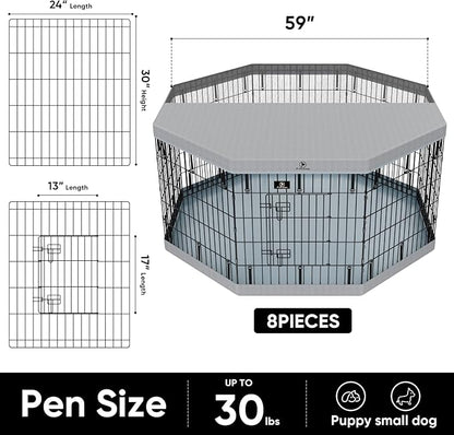 PJYuCien Dog Playpen, 8 Panels 30”H Dog Playpen Indoor with Grey Bottom Pad and Top Cover, Metal Foldable Dog Pen for Indoor Use, Better for Small Medium Animals, Grey