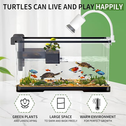 (Tank + Light + Filter + Filter Balls) Turtle Tank Kit, Turtle Tank Starter Kit,Bottom Drainage, Multi-Function Areas for Turtles, Crabs,Fishes, Amphibians,Reptiles. (21.65 × 12.28 × 12.28 Inch)