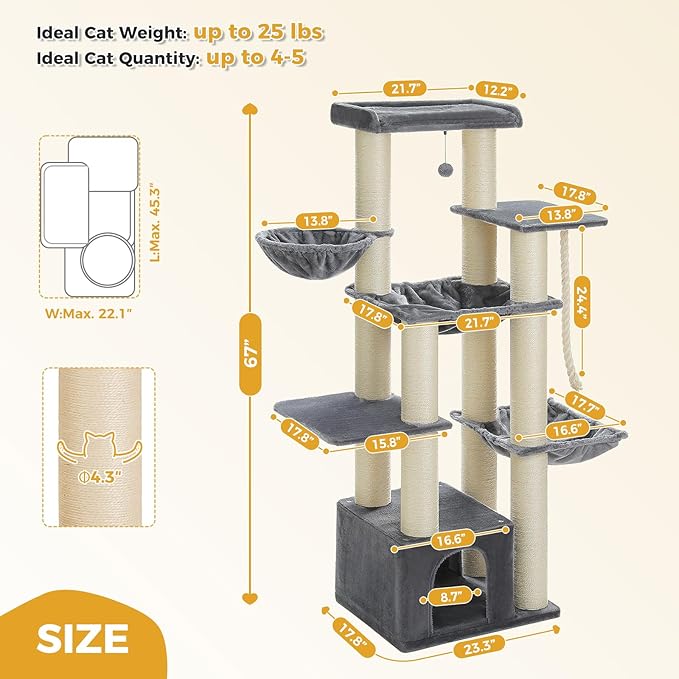 67" Heavy Duty Cat Tree for Indoor Cats Large Adult, XXL Cat Tower with 13 Thick Scratching Posts (φ4.3), Large Perch, Spacious Condo & Big Hammock - for Maine Coon up to 20 lbs, Grey