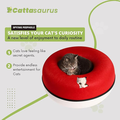 Cattasaurus Peekaboo Cat Cave, Extra Spacious for Multiple & Large Cats 12+ lbs, Scratch Detachable Cat Beds for Indoor Cats, Washable Tunnel Bed, Comfy Donut Tunnel (Ruby Snowball, Jumbo)