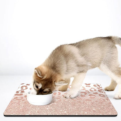 Rnivvi Dog Food Mat, 16" x 24" Leopard Absorbent Dog Cat Bowl Mat for Food and Water, Cute Anti-Slip Rubber Pet Feeding Rug Protect Floors, Puppy Placemat for Feeding & Watering Supplies, Rose