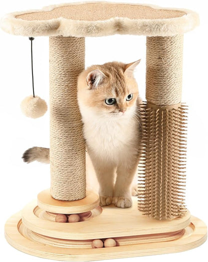 Made4Pets Cat Scratching Post, Cat Self Groomer for Indoor Cats, Cloud Soft Perch for Rest, 17.5" Tall Natural Sisal Scratcher Cat Grooming Interactive Ball Track Toys for Small Cats Kittens