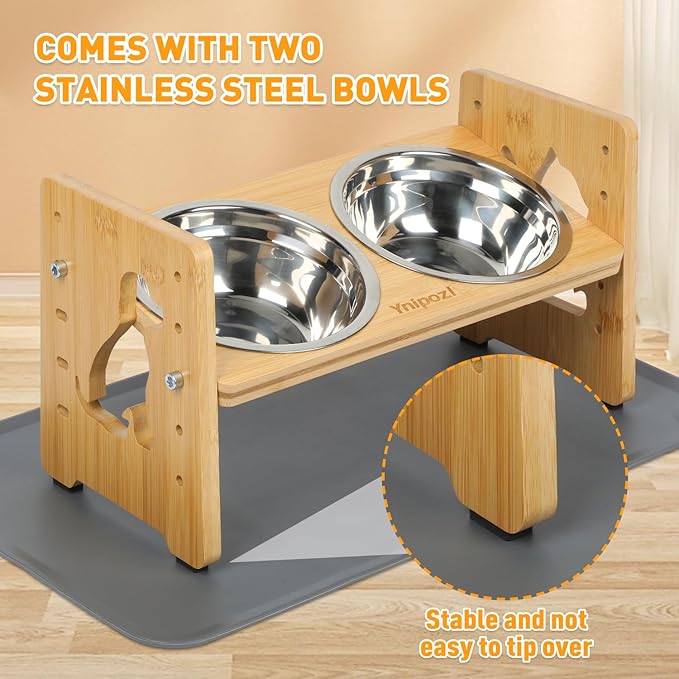 Elevated Small Dog and Cats Bowls, Adjustable Raised Dog Bowl Stand for Small Breeds and Cats,Stand with 2 Stainless Steel Bowls, Anti-Slip Silicone Pad. ﻿