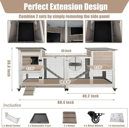Rabbit Hutch Indoor 40" L Large 2 Story Outdoor Wooden Bunny Hutch with Run, 4 Metal Wheels & 2 Deeper Trays, UV-Proof Panel Rabbit Cage Guinea Pig Pet House for Small-Medium Animals