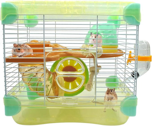 2 Layers Hamster Cage with Tubes Mouse Cage with Accessories Water Bottle Food Dish Transparent Hamster Habitat with Exercise Wheel for Hamster Guinea Pig Gerbil (10.9" x 8.1" x 9.8" Yellow)