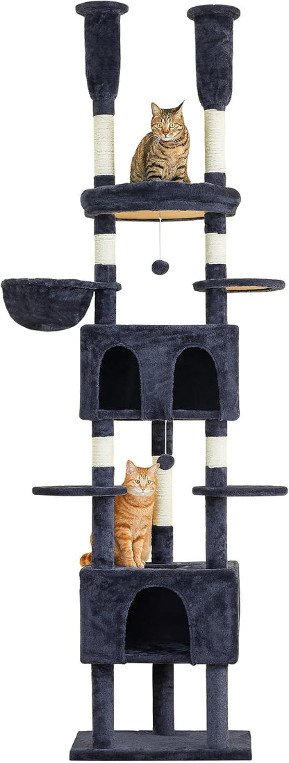 Cat Tree, Floor to Ceiling Cat Tower Adjustable Height [92-102 in=235-257cm], 8 Tiers Cat Climbing Play House with Scratching Post, 2 Cozy Condos&Hammocks for Indoor Cats, Smoky Grey