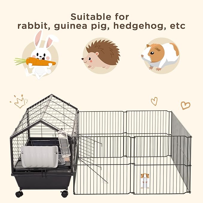 PawHut Small Animal Cage with Foldable Run Area, Rolling Bunny Cage, Guinea Pig Cage, Hedgehog Cage with Water Bottle, Water Bowl, and Ramps, 35" L