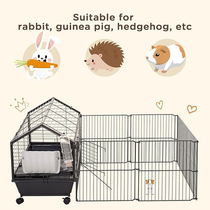PawHut Small Animal Cage with Foldable Run Area, Rolling Bunny Cage, Guinea Pig Cage, Hedgehog Cage with Water Bottle, Water Bowl, and Ramps, 35" L