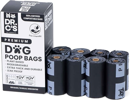 100% Certified Compostable Dog Poop Bags - Dr. C's Premium Dog Poop Bags - 120 Bags / 8 Rolls, Extra thick, Leak Proof, Unscented, Plant Based and Earth Friendly