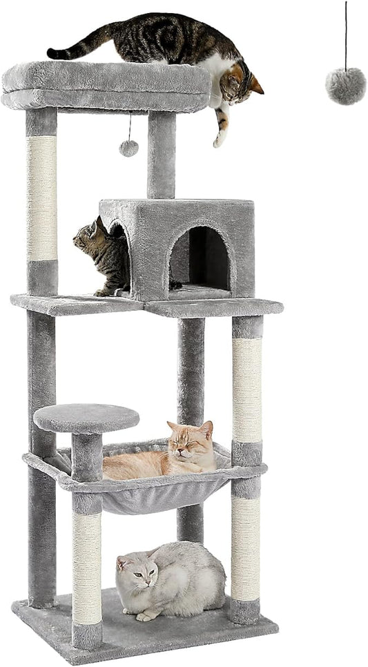 PEQULTI Cat Tree for Large Cats with Metal Frame Big Hammock, Cat Tower for Indoor Cats with 2 Door Condo House, [56.3"=143cm] Multi-Level Cat Shelves with Scratching Posts and Top Perch, Grey