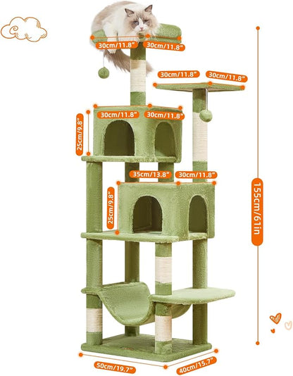 Taoqimiao Cat Tree, 61-Inch Cat Tower for Indoor Cats, Plush Multi-Level Cat Condo with 5 Scratching Posts, 2 Perches, 2 Caves, Hammock, 2 Pompoms, MS013SGR Green