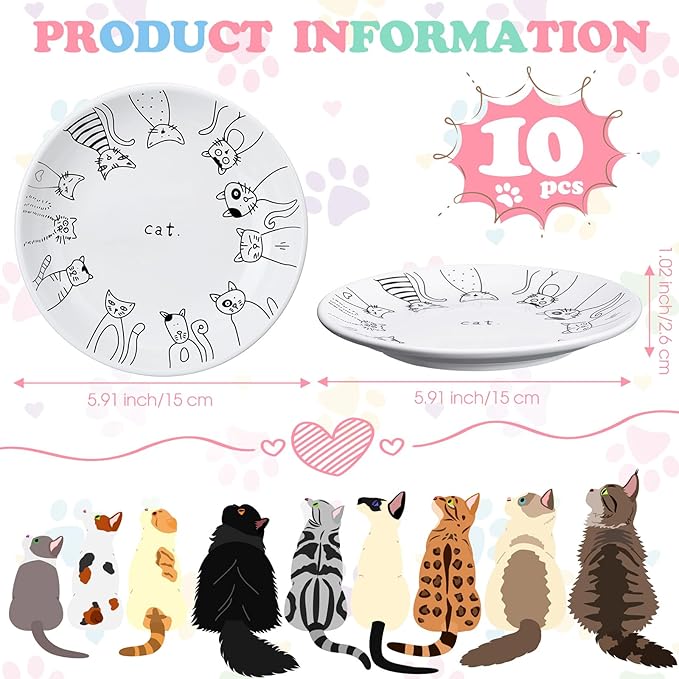 Irenare 10 Pcs Ceramic Cat Bowl 6 Inch Anti Whisker Fatigue Cat Plates Set Cute Shallow Pet Food Bowl Dishes for Food and Water, Kittens Small Animals(Cute Pattern)