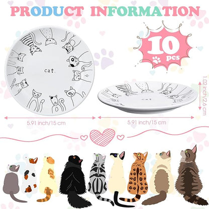 Irenare 10 Pcs Ceramic Cat Bowl 6 Inch Anti Whisker Fatigue Cat Plates Set Cute Shallow Pet Food Bowl Dishes for Food and Water, Kittens Small Animals(Cute Pattern)
