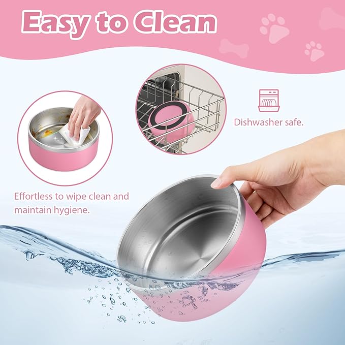 LIANLAI Dog Bowls Large Sized, Rust-Resistant Stainless Steel Dog Bowls, Non Slip Puppy Dishes, Dishwasher Safe (Pink，64 oz)