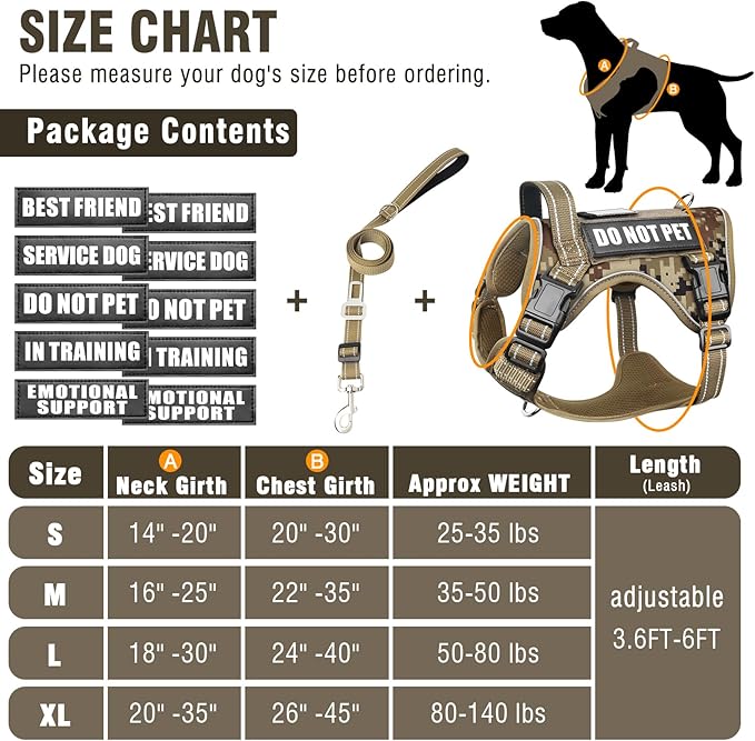 Tactical Dog Harness and Leash Set Medium Sized Dog,Heavy Duty No Pull Service Dog Vest and 10 Patches with Dog Seat Belt,Reflective Adjustable Pet Harness for Training Walking Hiking Camo M