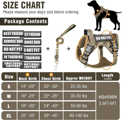 Tactical Dog Harness and Leash Set Medium Sized Dog,Heavy Duty No Pull Service Dog Vest and 10 Patches with Dog Seat Belt,Reflective Adjustable Pet Harness for Training Walking Hiking Camo M